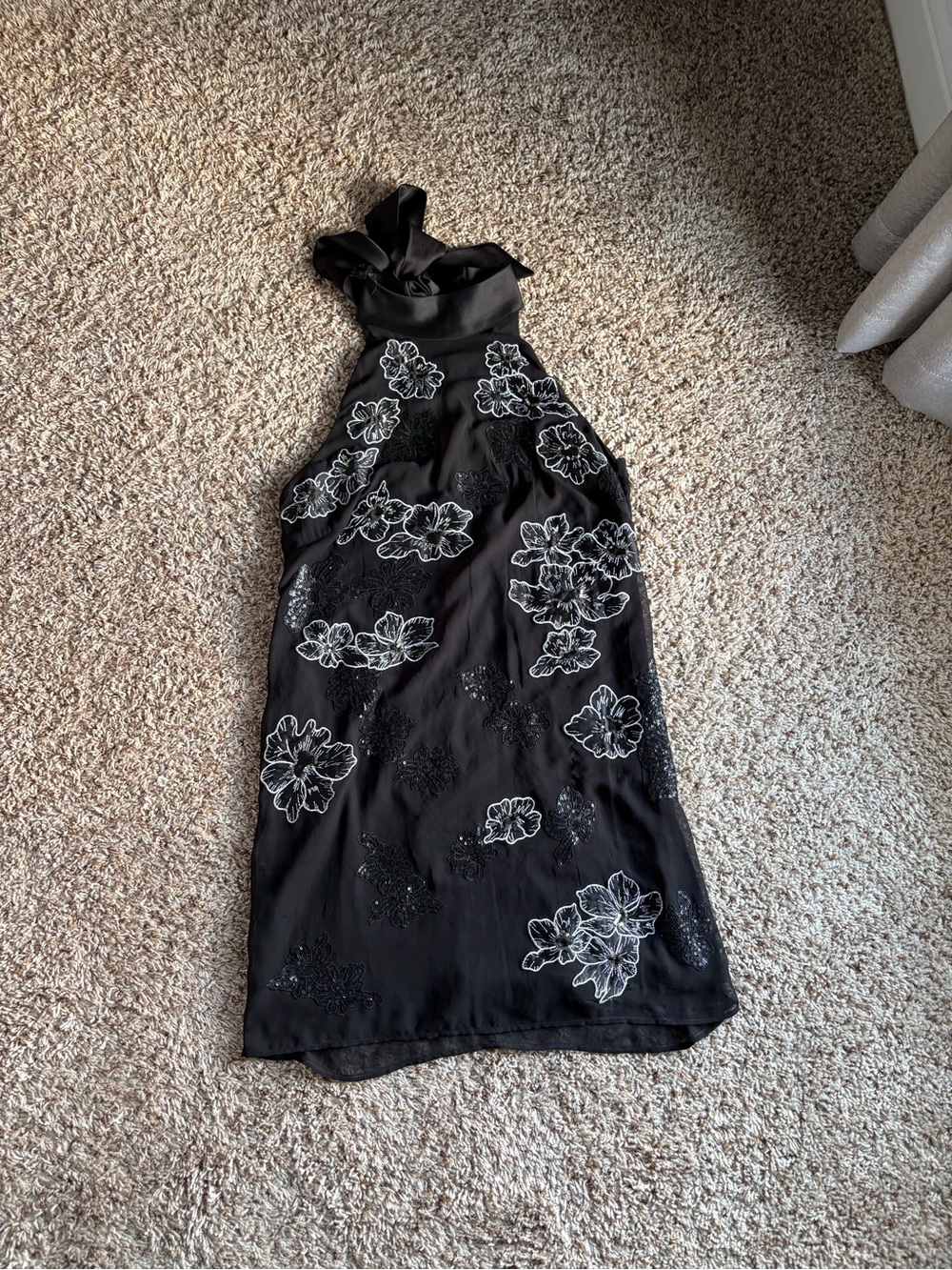 White House Black Market Black Halter Dress with White Floral Embroidery